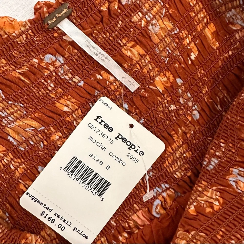 Free People NWT Sweet Escape Long Sleeve Dress Smocked in Mocha Floral Sz Small - Picture 11 of 13